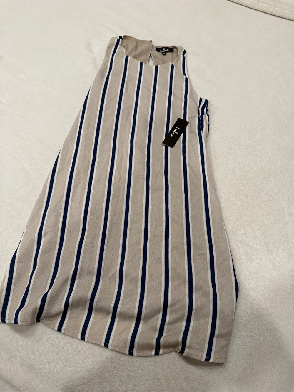 Lulu's Beige A-Line Skirt with Navy Vertical Stripes